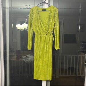 Pleated Surplice Wrap Midi Dress in Chartreuse Green